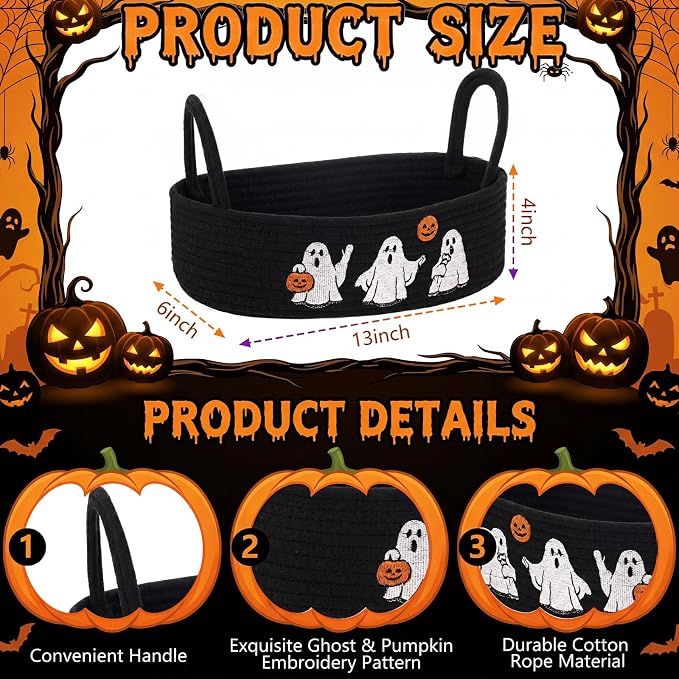 Vesici Halloween Ghost Woven Storage Basket for Toilet Tank Top Black Cotton Rope Bathroom Countertop Organizer Basket with Handle Halloween Bathroom Decor for Bedroom Nursery, 13 x 6 x 4 Inch