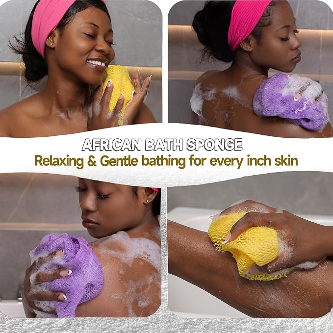 Authentic African Net Sponge,2Pack 45In Exfoliating Bath Sponge and Shower Loofah for Body and Back,Colorfast Quick-Dry Knotted Mesh Scrubber with Travel Pouch(Lavender purple&Bright yellow)