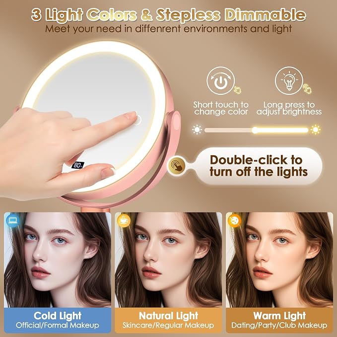 MIYADIVA Travel Makeup Mirror with Lights, Height Adjustable 30X/1X Double-Sided Magnifying Mirror, Portable Vanity Mirror with Digital Display & Phone Holder, Handheld Tabletop, Soft Rose Gold