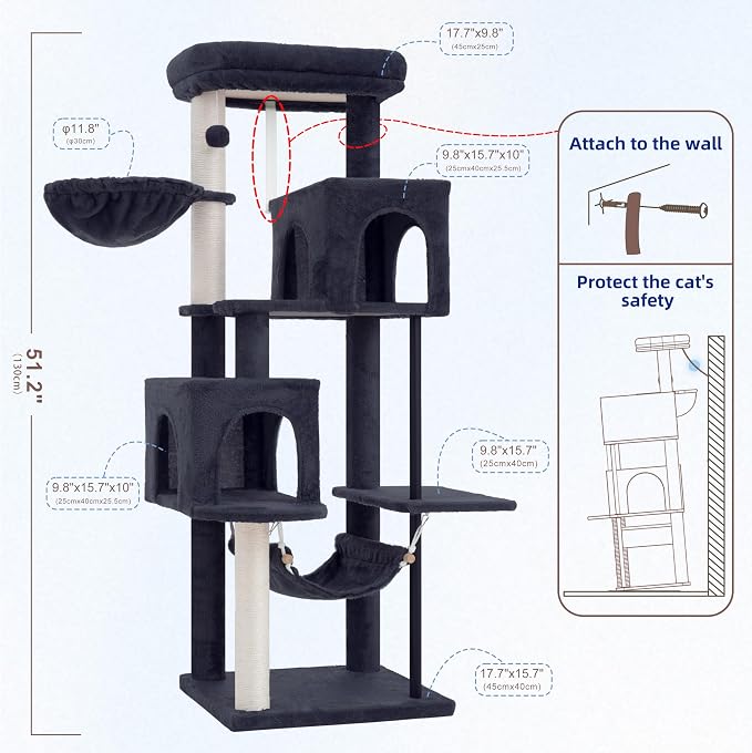 Cat Tree Tower with Sturdy Steel Tube for Indoor Cats GCT014G | 51.2'' Cat Furniture with Scratching Posts, Hammock, Basket and Padding Top Platform for Inoor Cats Large Adult, Drak Gray