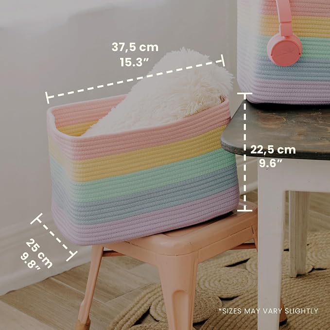OrganiHaus Pastel Rainbow Cotton Rope Baskets for Shelves, Set of 3 - 15"×10"×9½" - Colorful Storage Baskets for Kids - Nursery, Playroom, Classroom - Toy Storage, Books, Towels