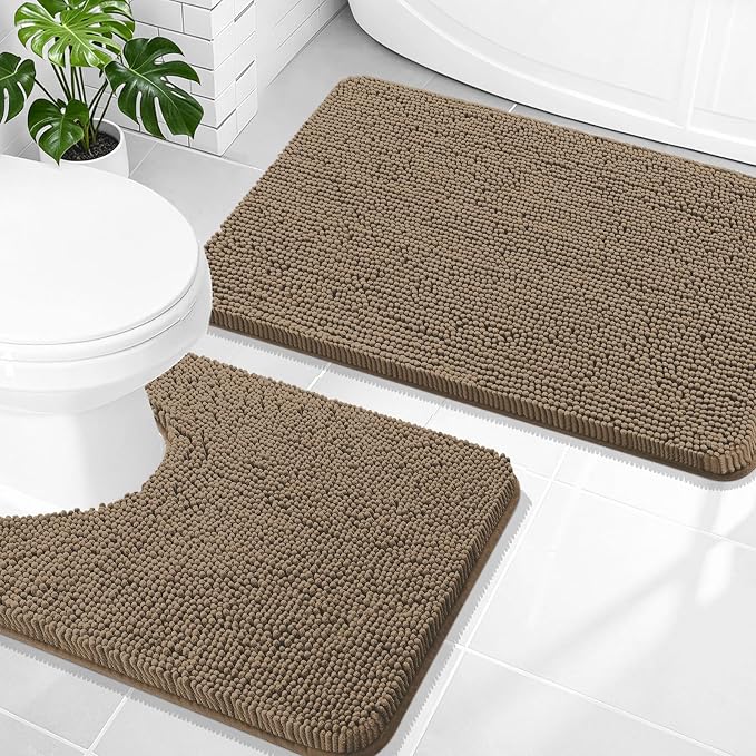 OLANLY Chenille Bathroom Rugs Mats Sets 2 Piece, 30"x20"+24"x20", Tan | Soft Absorbent Bath Mat and U-Shaped Contour Toilet Rug Set, Quick Dry, Machine Washable Bath Carpet, Home Decor Accessories