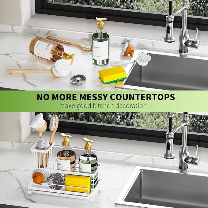 Cisily Sponge Holder for Kitchen, Sink Caddy Organizer, Kitchen Sink Accessories with Drip Tray, Rustproof and Non-slip Kitchen Sink Sponge Holder (White stand with brush holder)