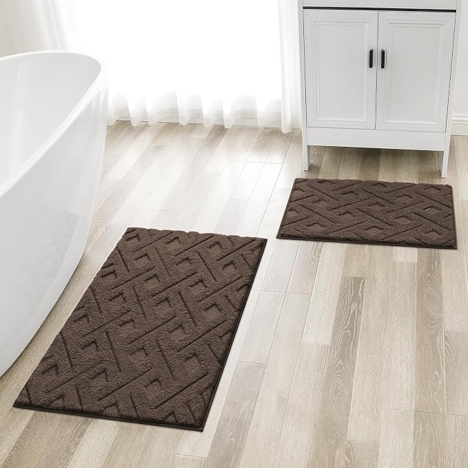 HOMEIDEAS Brown Bathroom Rug Set 2 Piece, 20"x32"+16"x24" | Soft Microfiber Tufted Bath Mats, Super Absorbent, Non Slip, Machine Washable for Everyday Use