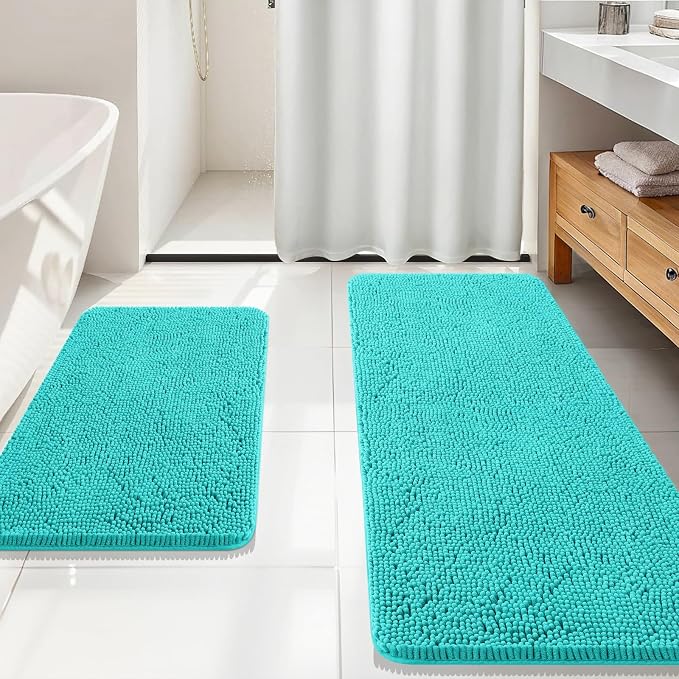 OLANLY Chenille Bathroom Rugs Mats Sets 2 Piece, 59"x20"+30"x20", Teal | Ultra Soft Absorbent Bath Rugs Set, Rubber Backing Non-Slip, Quick Dry, Machine Washable Bath Carpet, Home Decor Accessories