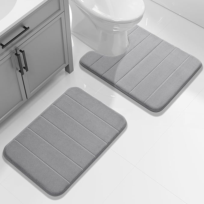 Yimobra Memory Foam Toilet Bath Mat U-Shaped, Commode Contour Rug, Soft and Comfortable, Super Water Absorption, Non-Slip, Thick, Machine Wash and Easier to Dry for Bathroom, 24 X 20 Inches, Grey