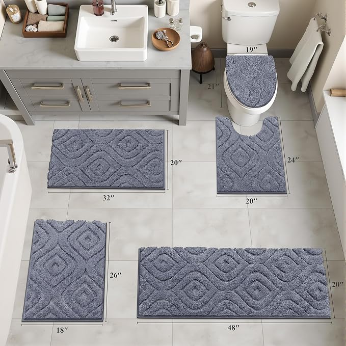 Ileading Bathroom Rugs Sets 5 Piece, Non Slip Washable Bath Mat Set | Absorbent Plush Microfiber Bathroom Mat Set with Toilet Cover, Bath Runner and U-Shaped Contour Rug for Tub, Shower, Grey