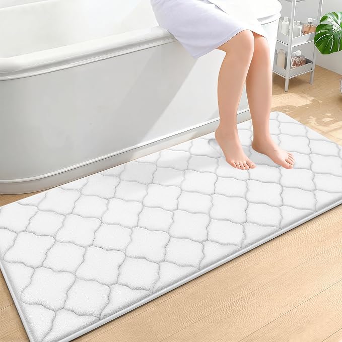 OLANLY Memory Foam Bath Mat Rug 59x24, Ultra Soft Bathroom Rugs, White | Thick Absorbent Carpet, Non-Slip Backing, Machine Washable, for Bathroom Floor, Tub, Shower and Home Decor Accessories