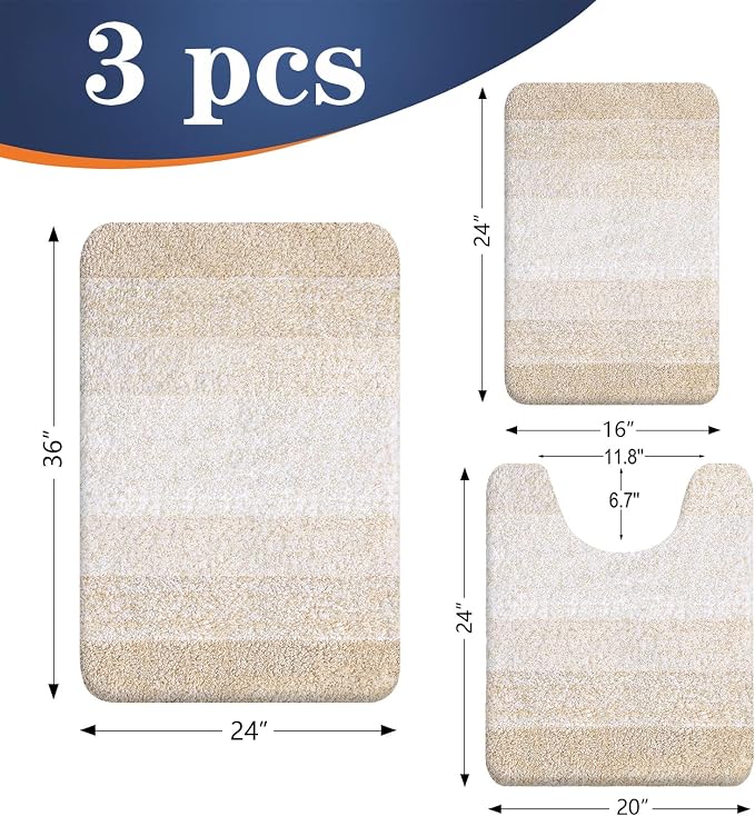 OLANLY Microfiber Bathroom Rugs Sets 3 Piece, 36"x24"+24"x16"+24"x20" | Light Beige, Soft Absorbent Bath Mats and U-Shaped Contour Toilet Rug, Plush Shaggy Bath Mat Set for Bathroom