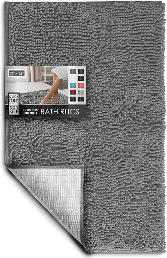 Hearth & Harbor Bathroom Rugs, Chenille Bath Mat - Machine Washable Bath Mats for Bathroom Non-Slip Backing Rubber, Quick Dry Bathroom Mat, 20 x 32 - Frost Grey