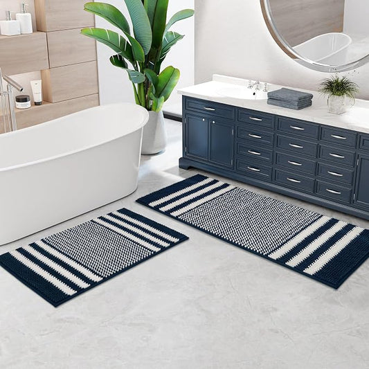 Bathroom Rugs Sets 2 Piece, Non Slip Striped Bath Mats, Navy Blue | 20"x47" Plus 20"x32"，Soft Absorbent Chenille, Quick Dry Machine Washable, Shower Rug for Bathroom Floor, Tub, Bedroom Decor