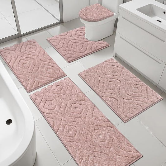 Ileading Bathroom Rugs Sets 5 Piece, Non Slip Washable Bath Mat Set | Absorbent Plush Microfiber Bathroom Mat Set with Toilet Cover, Bath Runner and U-Shaped Contour Rug for Tub, Shower, Pink