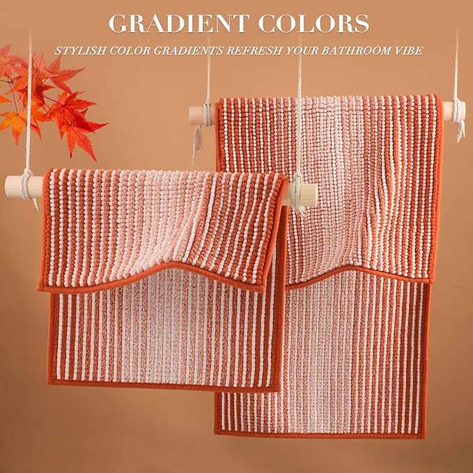 Bathroom Rugs Sets 2 Piece, Non Slip Bath Mats, Sunset Orange | 24"x70" Plus 20"x32", Soft Absorbent Striped Chenille, Quick Dry Machine Washable, Shower Rug for Bathroom Bedroom Décor