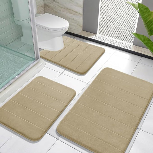 Yimobra Memory Foam Bath Mat Set 3 Pieces- Super Soft Absorbent Quick Dry Bathroom Rug Sets, Machine Washable Non Slip Floor Carpet for Tub Shower, Vanity & Toilet Base, Pale Khaki