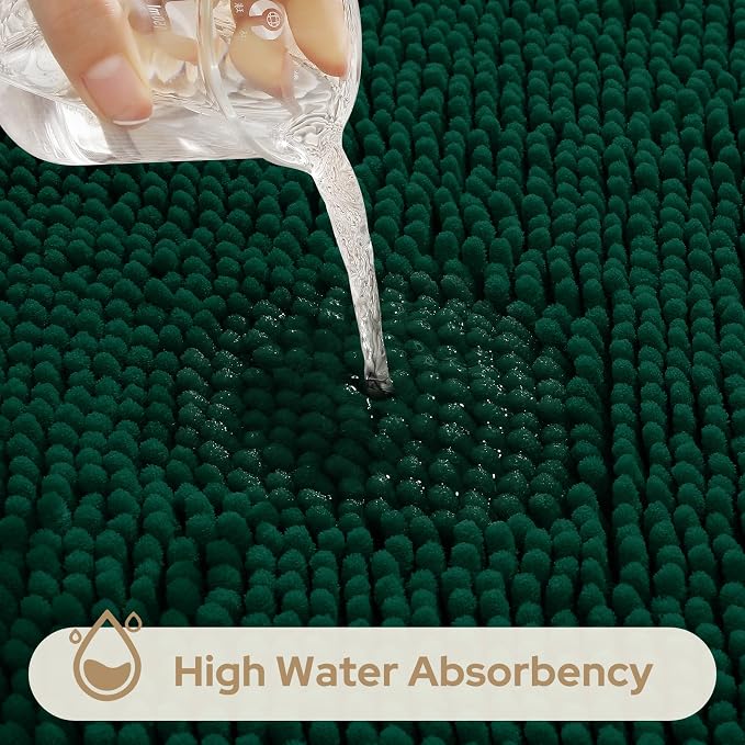 HOMEIDEAS Dark Green Chenille Bathroom Rugs Set of 3, Non Slip Bath Mat | Super Absorbent, Soft Microfiber, Machine Washable, Stain Resistant, for Bathroom Decor