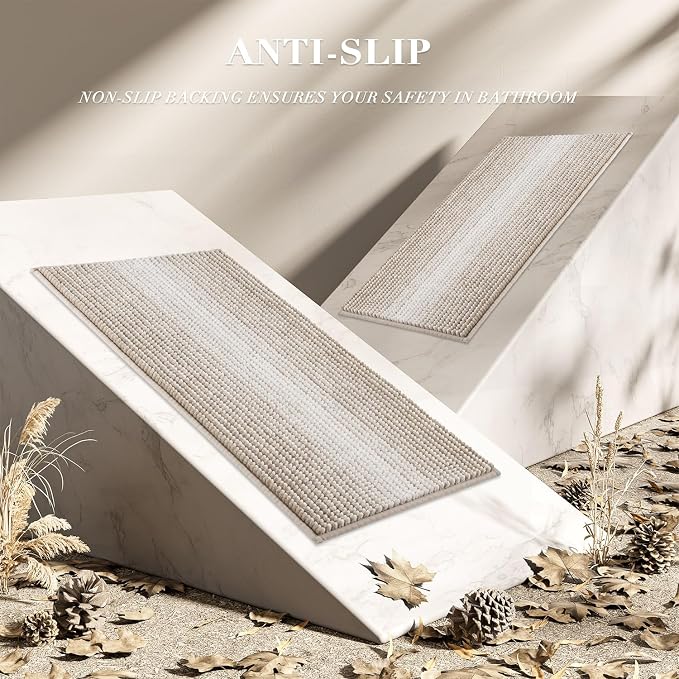 Bathroom Rugs Sets 2 Piece, Non Slip Boho Bath Mats, Light Taupe | 20"x47" Plus 20"x32", Soft Absorbent Striped Chenille, Quick Dry Machine Washable, Shower Rug for Bathroom Bedroom Décor