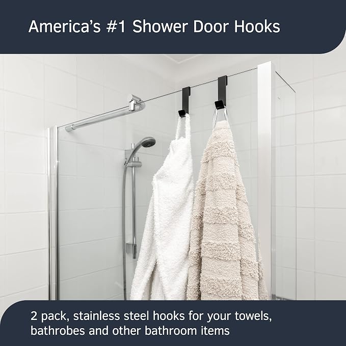 3" Shower Hooks, Black, 2 Pack - Towel & Door Hook for Frameless Glass Shower Door 3/8"(10mm)