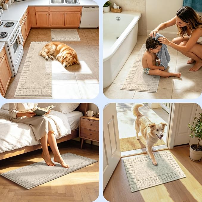 Pauwer Bathroom Rugs Sets 3 Piece, Microfiber Bath Mat Set, Light Beige | Non Slip Washable, Soft Plush, Extra Absorbent Bath Mats, U Shaped Contour Toilet Rug for Bathroom