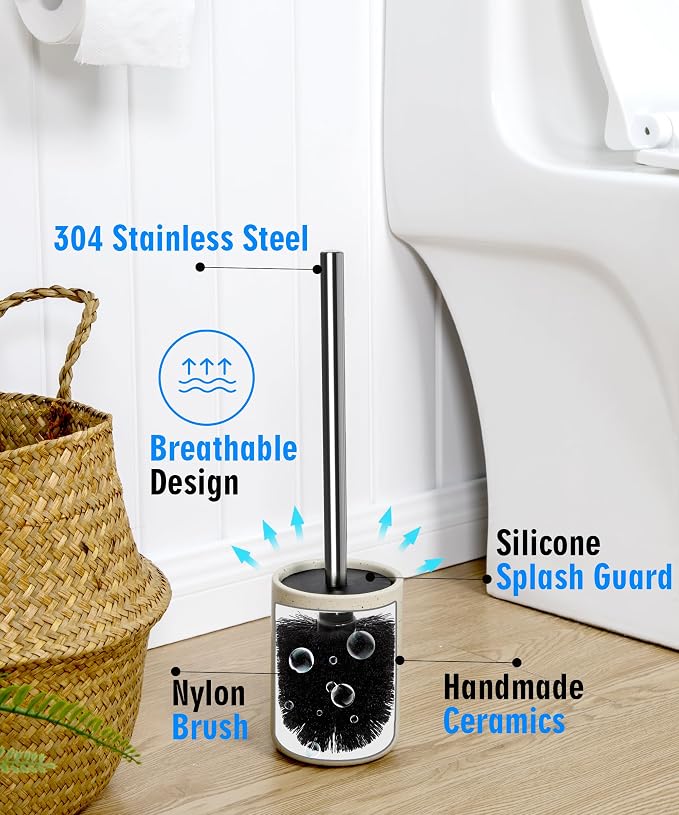Ceramic Toilet Brush and Holder Set, Toilet Bowl Cleaner Brush | Freestanding Deep-Cleaning, Stainless Steel Handle, Small & Sturdy for Storage, Easy to Clean, Non-Scratching