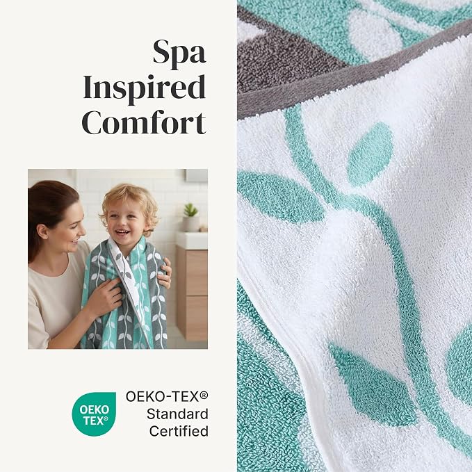 Modern Threads 6 Piece Bath Towel Set – Bathroom Set with 2 Bath Towels, 2 Hand Towels, and 2 Wash Cloths – 100% Cotton, Super Absorbent & Extra Soft – Reversible Natural Vine (Aqua)