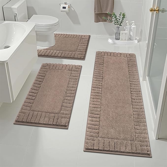 Pauwer Bathroom Rugs Sets 3 Piece, Microfiber Bath Mat Set, Coffee | Non Slip Washable, Soft Plush, Extra Absorbent Bath Mats, U Shaped Contour Toilet Rug for Bathroom