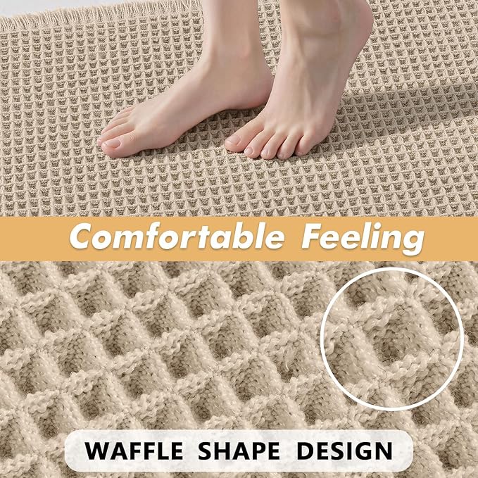 MIULEE Set of 2 Waffle Bathroom Rugs Boho Bath Mat Pale Beige 17x24 Inch | Non Slip, Super Absorbent, Washable, Ultra Soft, Rubber Backed, Small Bath Rugs for Bathroom Floor Tub Shower