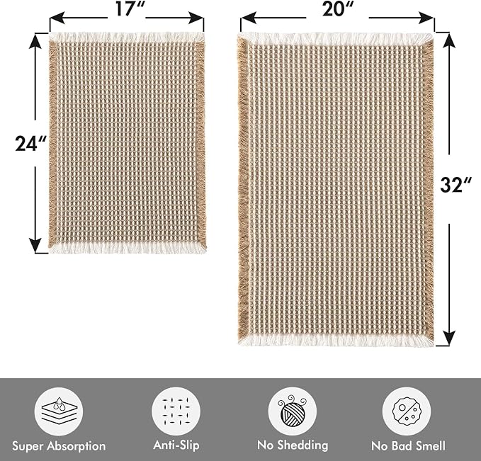 MIULEE Set of 2 Waffle Bathroom Rugs Brown&White Bath Mat 17"x24"+20"x32" | Non Slip, Super Absorbent, Washable, Ultra Soft, Rubber Backed Bath Rugs for Bathroom Floor Tub Shower, Boho Decor