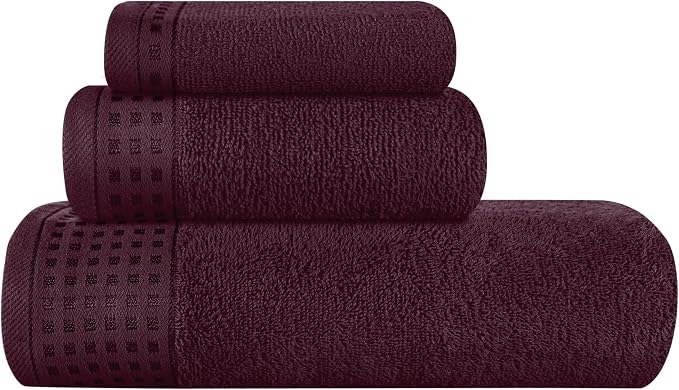 GLAMBURG Ultra Soft 3 Pack Cotton Towel Set, Contains a Bath Towel 28x55 inch, a Hand Towel 16x24 inch & a Wash Coth 12x12 inch, Ideal Everyday use, Compact & Lightweight - Burgundy