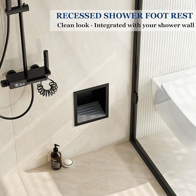 Neodrain Shower Foot Rest for Shaving Legs, 304 Stainless Steel Niche for Shower Wall, Recessed Shower Step for Shaving Legs, Wall soap Holder, Bathroom Foot Rest (Matte Black, 6.7" x 6")