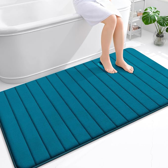 OLANLY Memory Foam Large Bath Mat 59x34, Super Soft Absorbent Bathroom Rugs | Peacock Blue, Quick Dry Bath Rug, Machine Washable Shower Floor Mats, Bathmat Carpet for Bathroom Floor, Tub and Shower
