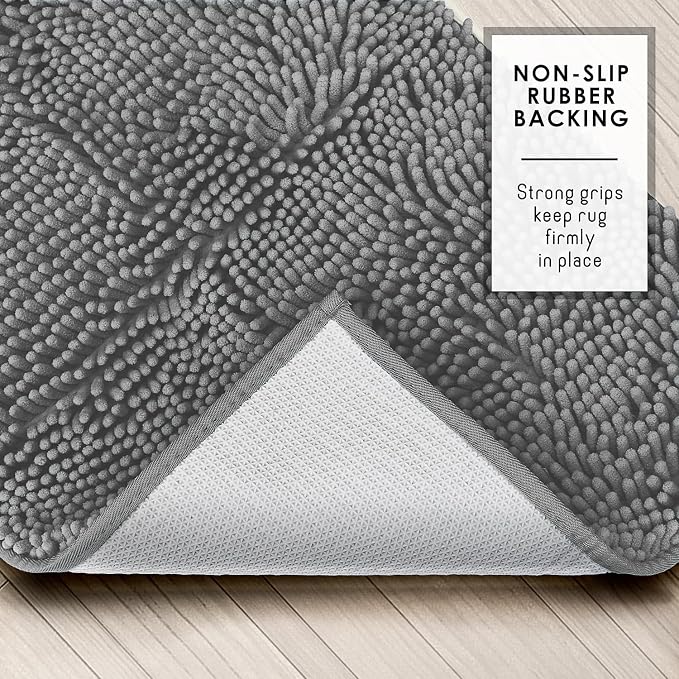 Hearth & Harbor Bathroom Rugs, Chenille Bath Mat - Machine Washable Bath Mats for Bathroom Non-Slip Backing Rubber, Quick Dry Bathroom Mat, 17 x 24 - Frost Grey