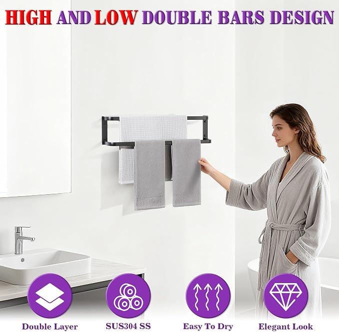 Alise Double Towel Bars 24 Inch, Towel Rack for Bathroom Stainless Steel Bathroom Towel Rack Wall Mounted Towel Holder, Matte Black