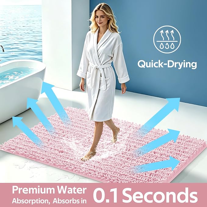 ACCUMTEK Upgrade Extra Large Pink Bathroom Rug Set 3 Pieces Ultra Soft, Thick Absorbent Bath Mats, Non Slip Chenille Toilet Mat for Bathroom, Bedroom, Kitchen