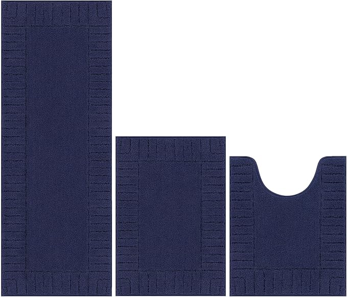 Pauwer Bathroom Rugs Sets 3 Piece, Microfiber Bath Mat Set, Navy Blue | Non Slip Washable, Soft Plush, Extra Absorbent Bath Mats, U Shaped Contour Toilet Rug for Bathroom