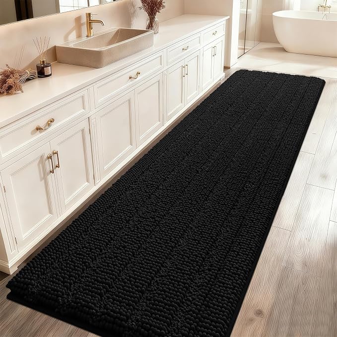 ACCUMTEK Extra Long Striped Black Bathroom Rug Mat 70"x24" Ultra Soft, Non Slip Chenille Bath Rugs, Absorbent Plush Shaggy Bath Mats for Bathroom, Bedroom, Kitchen, Shower, Tub