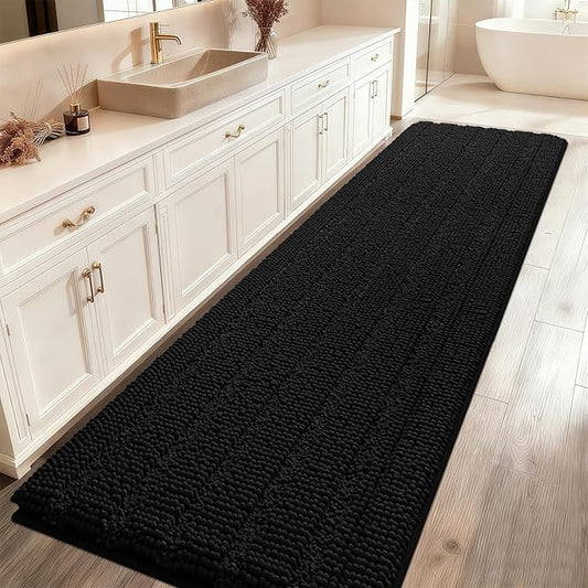 ACCUMTEK Striped Black Bathroom Rug Mat 59"x24" Ultra Soft, Non Slip Chenille Bath Rugs, Absorbent Plush Shaggy Bath Mats for Bathroom, Bedroom, Kitchen, Shower, Tub