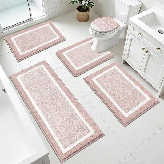 Pauwer Bathroom Rugs Set 5 Piece, Non Slip Microfiber Bath Mat, Dusty Pink | Washable Bathroom Mat with U Shaped Toilet Rug, Long Shower Runner, Toilet Lid Cover, Quick Dry Absorbent Plush Floor Carpet