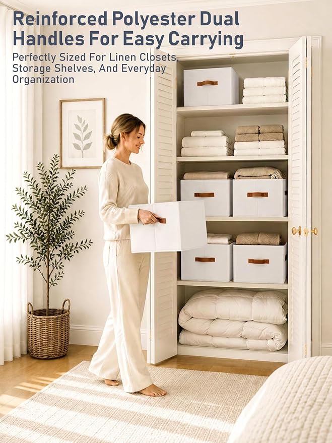 6 Pack Large Closet Storage Baskets Bins for Shelves, Collapsible Fabric Closet Organizers and Storage with Polyester Handles, Decorative Baskets for Organizing Clothes, Towels, Linen Closet 16x12x10"