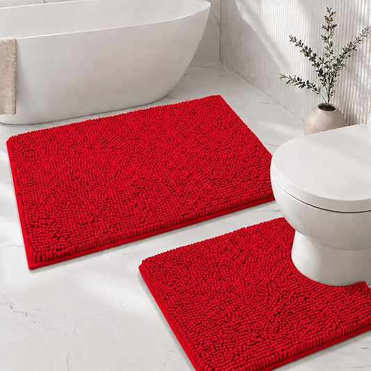 Bathroom Rugs Sets 2 Piece,Super Absorbent Soft,Thick,Machine Washable Chenille Bath Mat,Non Slip Toilet Floor Rug,Bath Mats for Bathroom,20x32 Plus 20x20 U Shape,Red