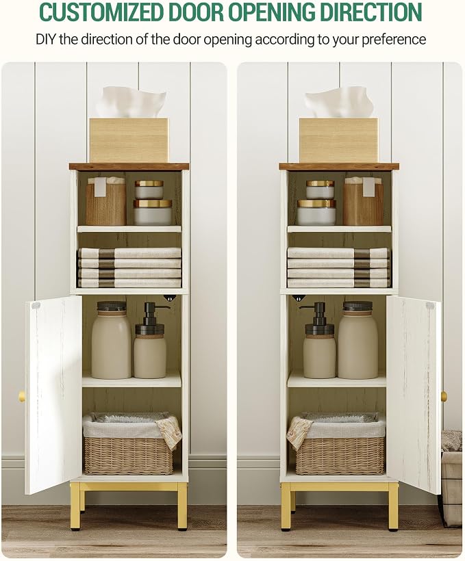 Hzuaneri Bathroom Storage Cabinet, Corner Floor Cabinet with Shelves, Customized Door Opening Direction, Bathroom Organizer with Adjustable Shelf for Kitchen, Living, Toilet Paper Cabinet, White Brown