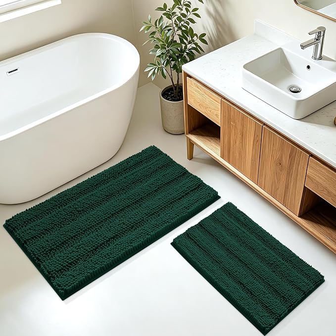 Christmas Striped Deep Green Bathroom Rug Mat Set 2 piece 32"x20"+24"x17" Ultra Soft, Non Slip Chenille Bath Rugs, Absorbent Plush Shaggy Bath Mats for Bathroom, Bedroom, Kitchen, Shower, Tub