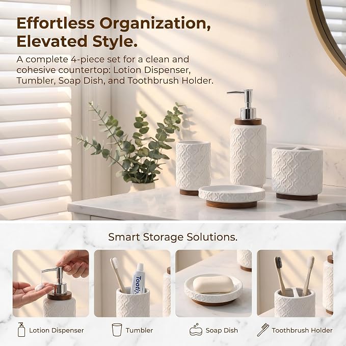 RQYIXI Ceramic 4-Piece Bathroom Accessories Set,White | Countertop Essentials Embossed Textured Design Solid Wood Non-Slip Detail Pearl White Finish