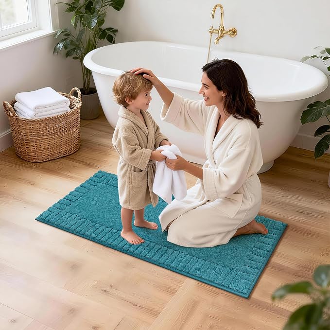 Pauwer Bathroom Rugs Set 5 Piece Non Slip Washable Bath Mat, Aqua Blue | U Shaped Contour Toilet Rugs, Soft Plush, Absorbent, Microfiber Shower Rug, Quick Dry Toilet Lid Cover