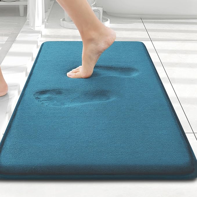 Smiry Memory Foam Bath Mat 24x16, Extra Soft and Absorbent Bathroom Rugs | Peacock Blue, Quick Dry Machine Washable Non-Slip Bath Mat for Bathroom Floor, Shower and Tub
