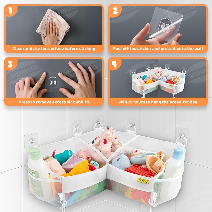 3 Compartments Bath Toy Storage Corner Bath Toy Holder for Bathtub, Kids Tub Toys Organizer with Adhesive Hooks, Quick-Drying Machine-Washable Mesh Bathroom Organizer for Tidy Bathtub