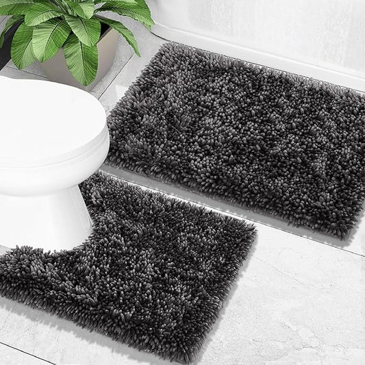 Yimobra Bathroom Rugs Sets 2 Piece, Soft Absorbent Bath Mat and U-Shaped Toilet Rug with Non Slip Backing, Luxury Shaggy Bath Mats for Bathroom, Machine Washable, 31.5"x20"+24"x20", Dark Grey