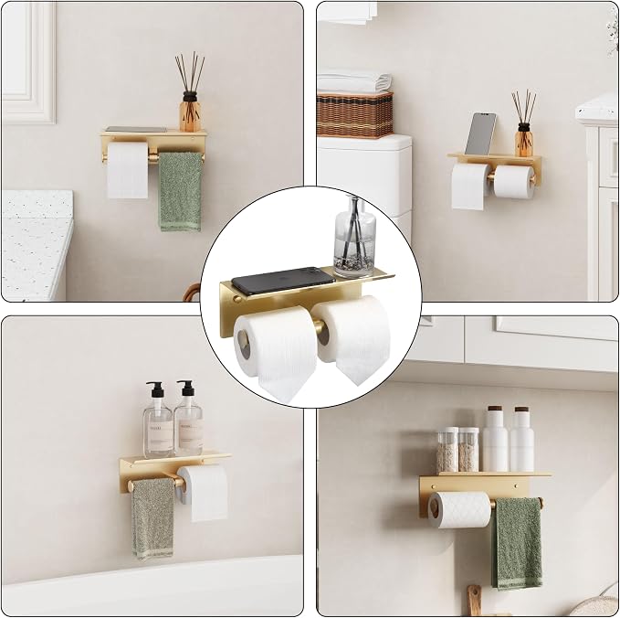 Brushed Gold Toilet Paper Roll Holder with Shelf Wall Mounted for Bathroom (Brushed Gold, Double Head)