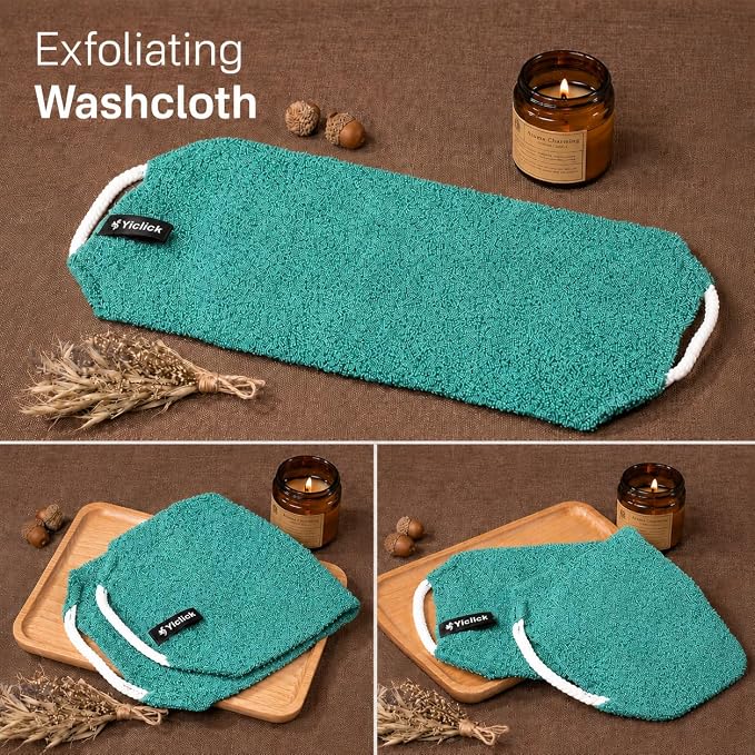 Exfoliating Washcloth Towel with Handle, Back Scrubber for Shower, Exfoliating Body Scrubber Exfoliator, Japanese Wash Cloth for Body Scrub, Bath Sponge Loofah Luffa Washer Exfoliator