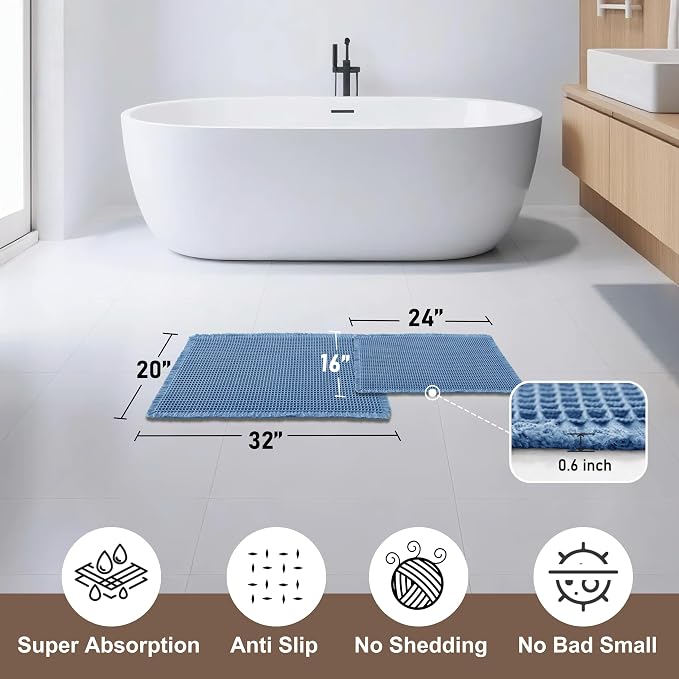 JIUZHEN Set of 2 Waffle Bath Mats Boho Bath Rugs 16"x24"+20"x32", Blue | Non Slip, Super Absorbent, Washable, Ultra Soft, Fast Drying Waffle Bathroom Rugs for Bathroom Floor, Tub, Shower