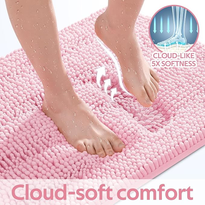 ACCUMTEK Christmas Striped Pink Bathroom Rug Mat Set 2 piece 32"x20"+24"x17" Ultra Soft, Non Slip Chenille Bath Rugs, Absorbent Plush Shaggy Bath Mats for Bathroom, Bedroom, Kitchen, Shower, Tub